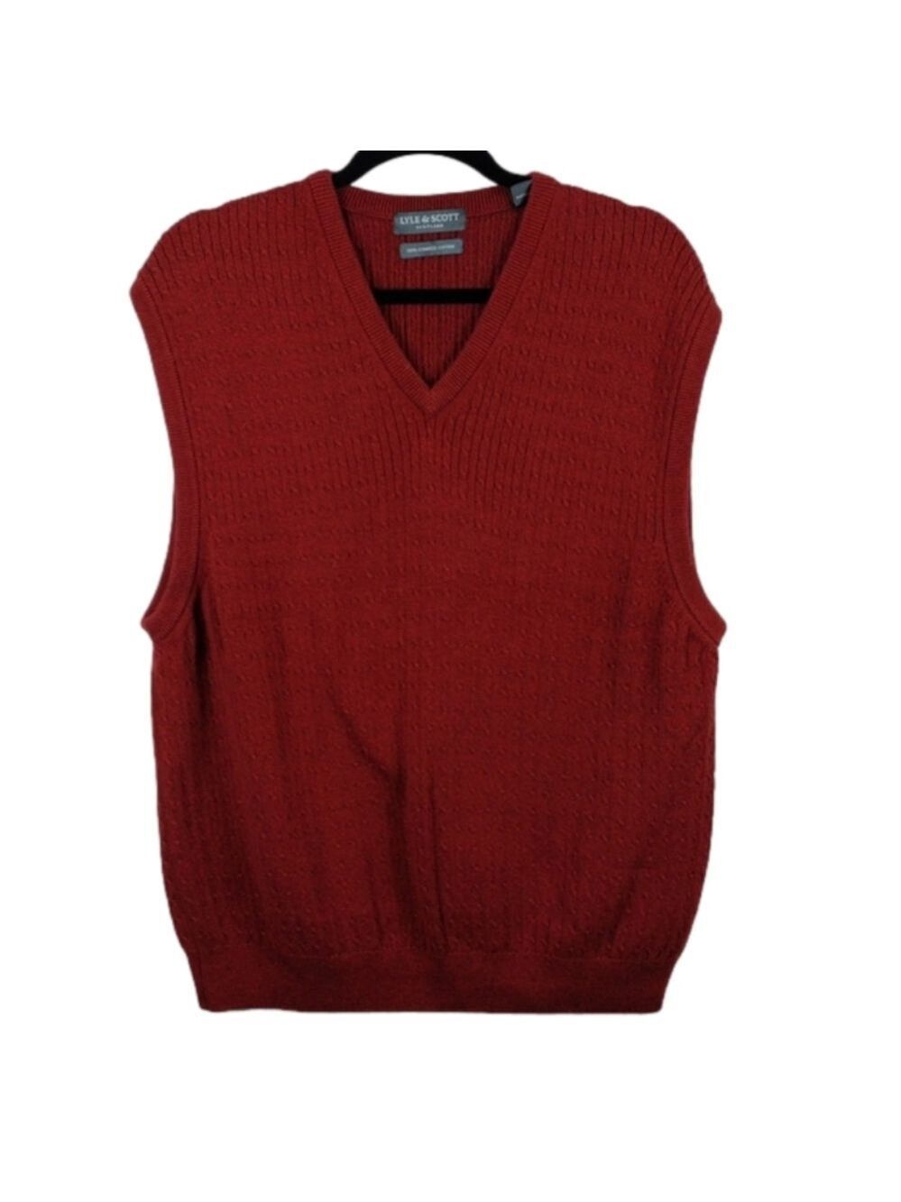 Lyle & Scott Scotland Cotton Rust Red V-Neck Sleeveless Cable Knit Sweater Vest